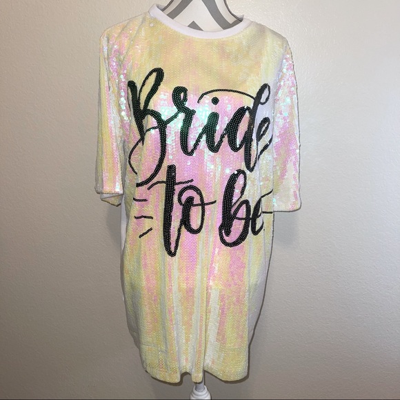 White Iridescent Sequin Trendy “Bride to Be” Short Sleeve Mini Dress One Size - Picture 3 of 12